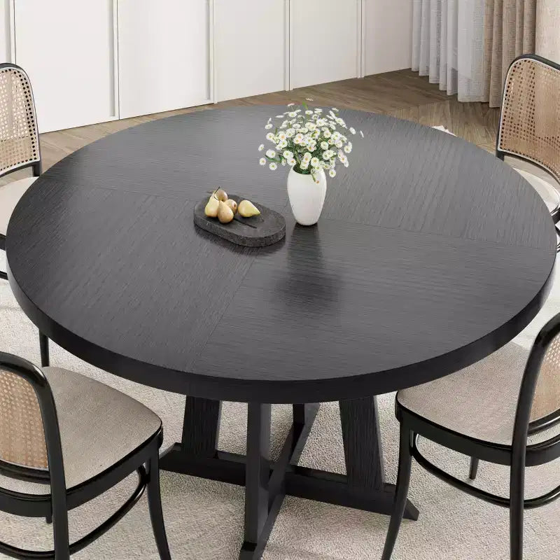 Dining table, round, 47-inch wood, sturdy legs, four-piece tabletop, round base, suitable for dining room, kitchen, and living room.