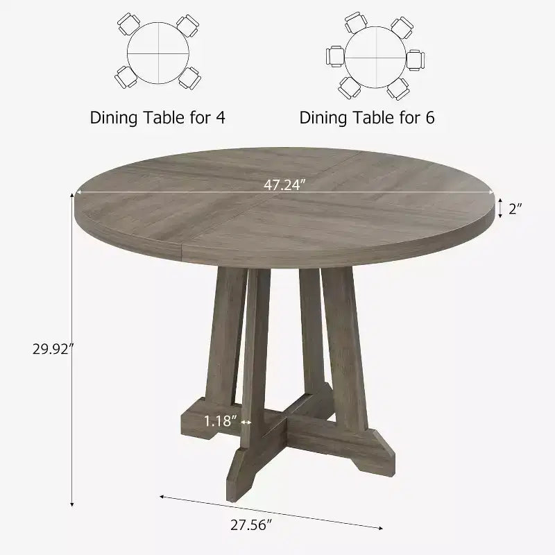 Dining table, round, 47-inch wood, sturdy legs, four-piece tabletop, round base, suitable for dining room, kitchen, and living room.