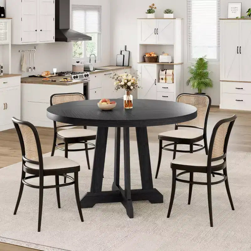 Dining table, round, 47-inch wood, sturdy legs, four-piece tabletop, round base, suitable for dining room, kitchen, and living room.