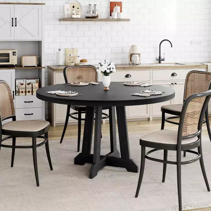 Dining table, round, 47-inch wood, sturdy legs, four-piece tabletop, round base, suitable for dining room, kitchen, and living room.