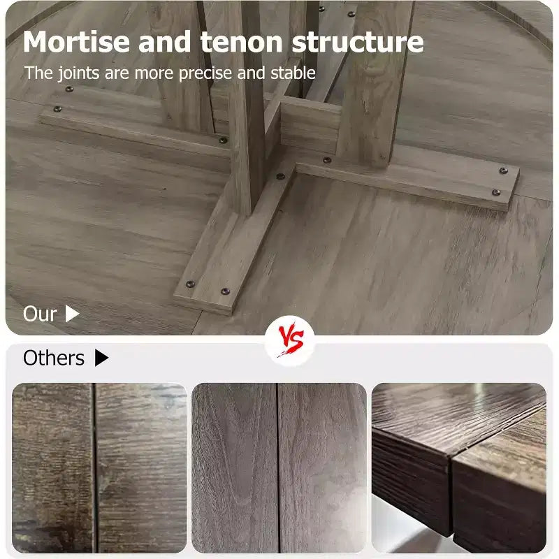 Dining table, round, 47-inch wood, sturdy legs, four-piece tabletop, round base, suitable for dining room, kitchen, and living room.