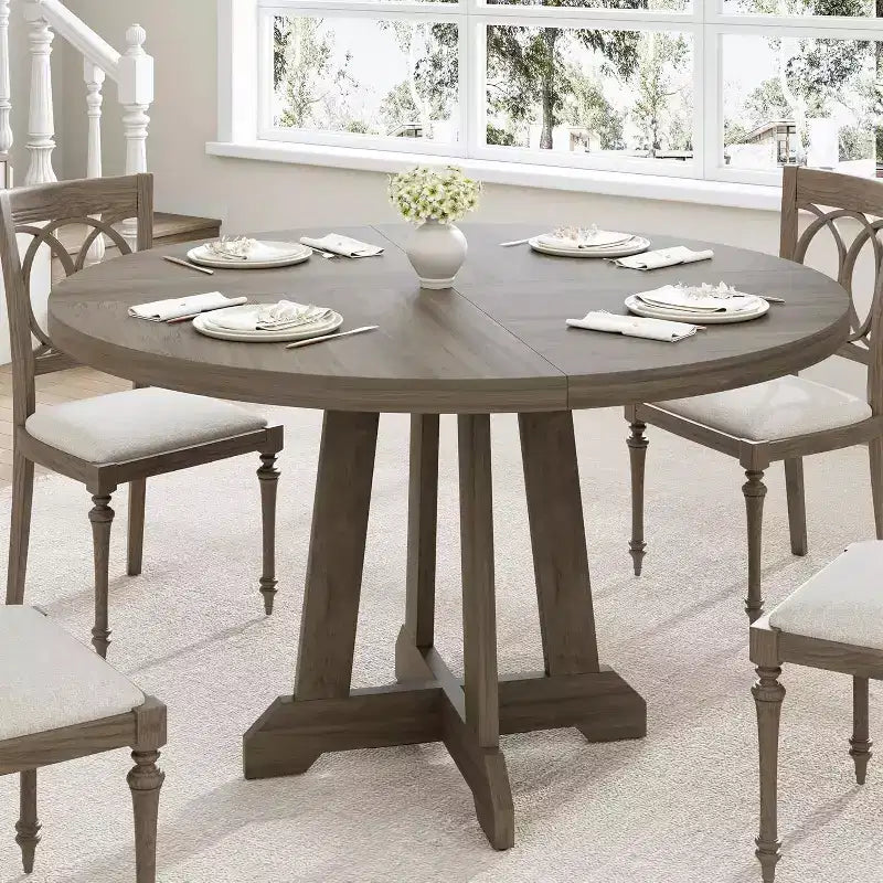 Dining table, round, 47-inch wood, sturdy legs, four-piece tabletop, round base, suitable for dining room, kitchen, and living room.