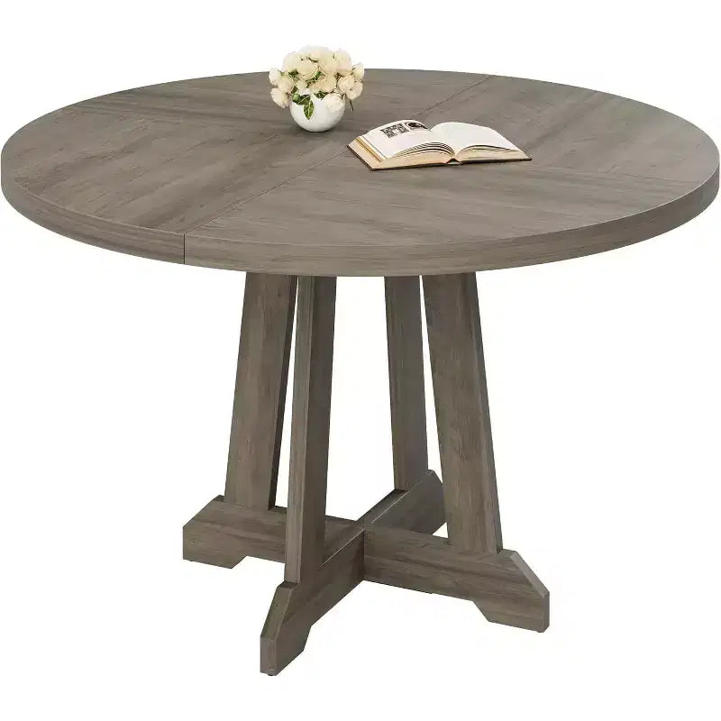 Dining table, round, 47-inch wood, sturdy legs, four-piece tabletop, round base, suitable for dining room, kitchen, and living room.