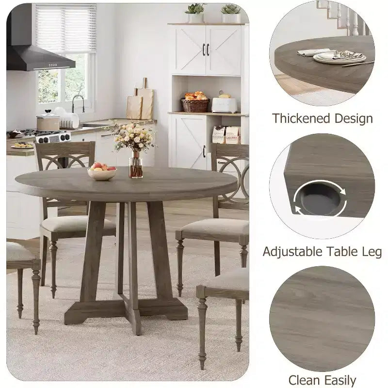 Dining table, round, 47-inch wood, sturdy legs, four-piece tabletop, round base, suitable for dining room, kitchen, and living room.