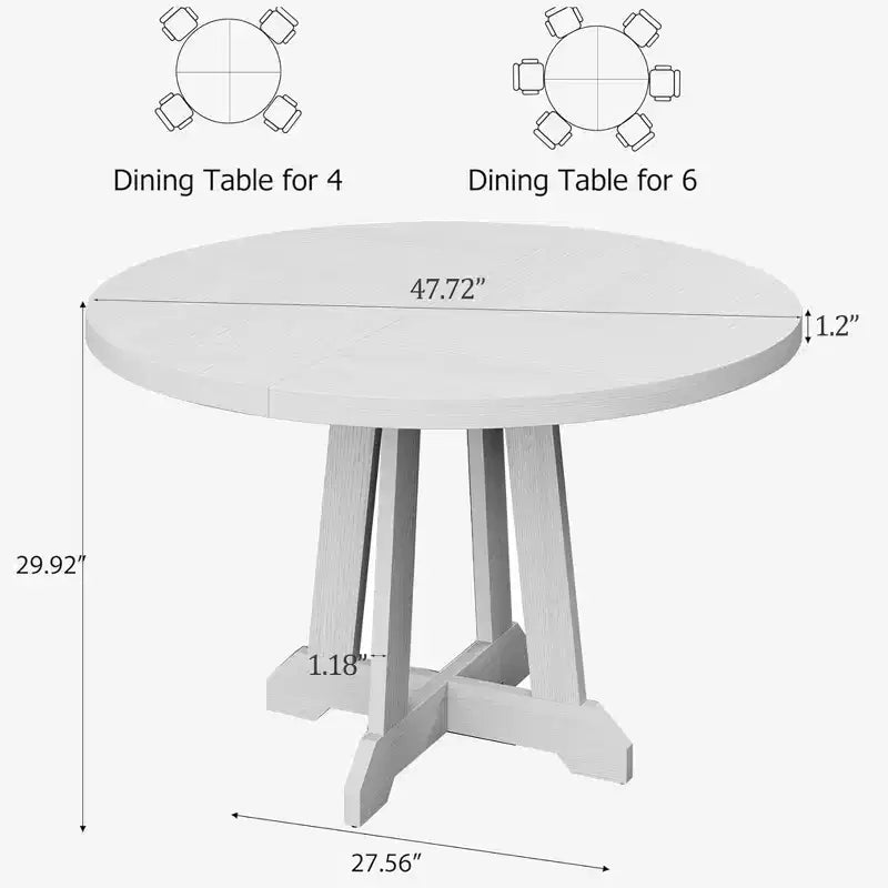 Dining table, round, 47-inch wood, sturdy legs, four-piece tabletop, round base, suitable for dining room, kitchen, and living room.