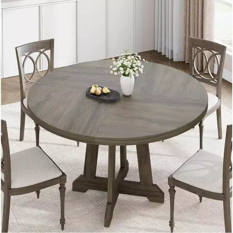 Dining table, round, 47-inch wood, sturdy legs, four-piece tabletop, round base, suitable for dining room, kitchen, and living room.