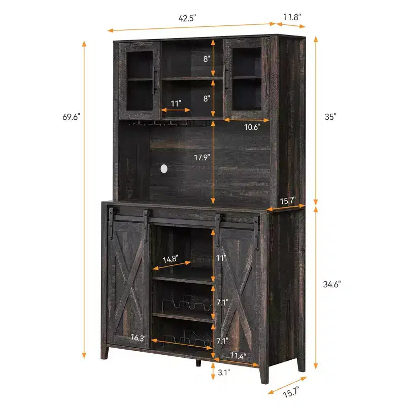 Hoge wijn- en koffiebarkast met opbergkast, schuifdeuren in schuurstijl, fles- en glazenrek voor keukenvoorraadkast of eetkamer thuis