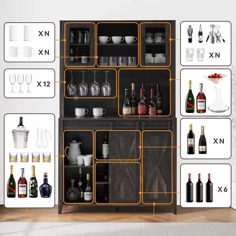 Hoge wijn- en koffiebarkast met opbergkast, schuifdeuren in schuurstijl, fles- en glazenrek voor keukenvoorraadkast of eetkamer thuis