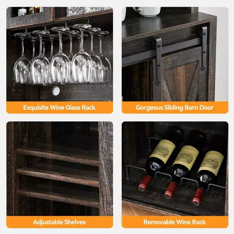 Hoge wijn- en koffiebarkast met opbergkast, schuifdeuren in schuurstijl, fles- en glazenrek voor keukenvoorraadkast of eetkamer thuis