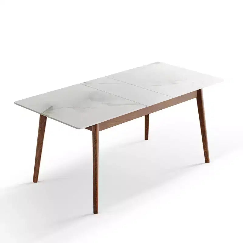 Modern eikenhouten rechthoekige uitschuifbare eettafel met afgeronde hoeken en diagonale poten