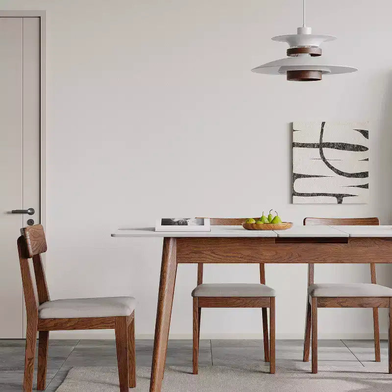 Modern eikenhouten rechthoekige uitschuifbare eettafel met afgeronde hoeken en diagonale poten