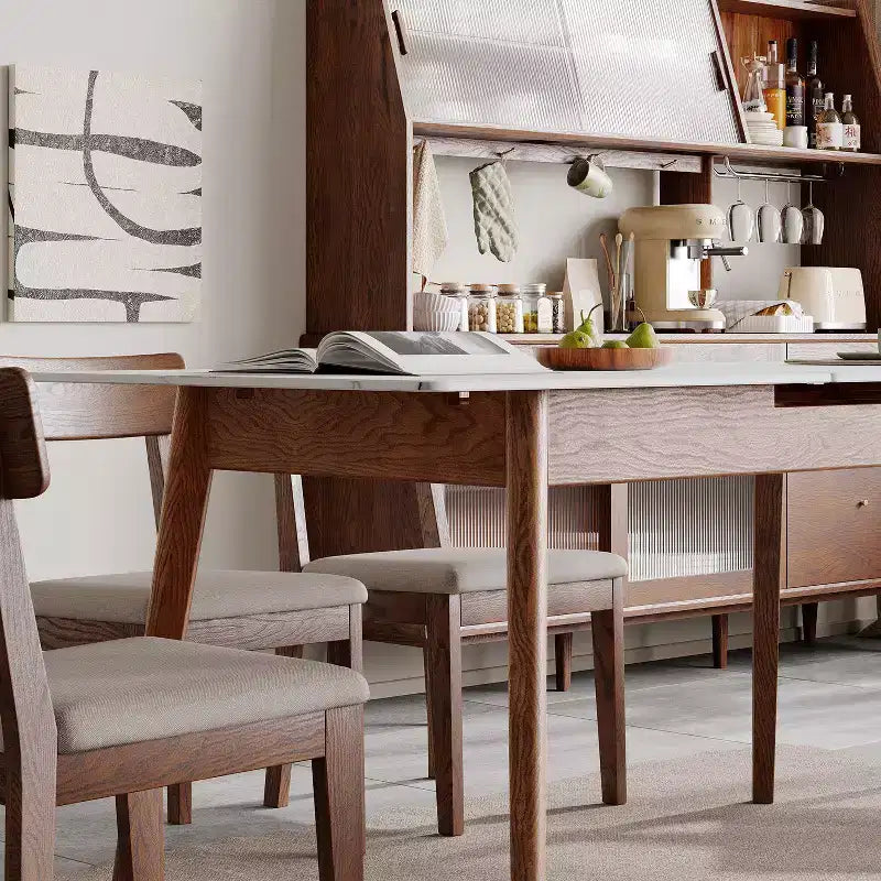 Modern eikenhouten rechthoekige uitschuifbare eettafel met afgeronde hoeken en diagonale poten