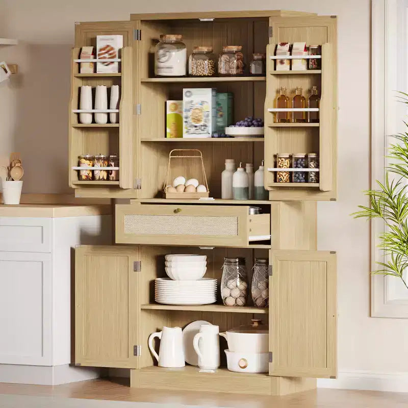 Armadio dispensa da cucina, credenza indipendente con ante in rattan, cassetto, ripiani regolabili per sala da pranzo, soggiorno, ufficio domestico