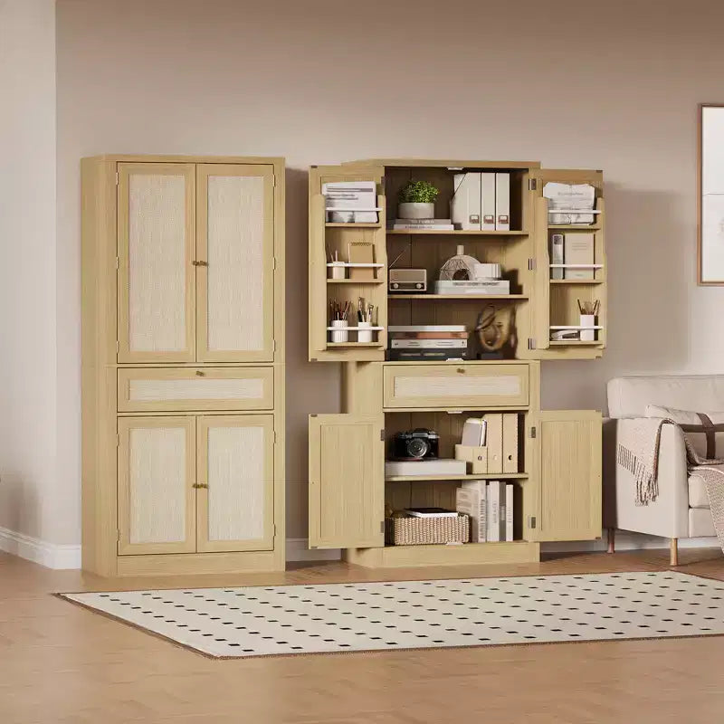 Armadio dispensa da cucina, credenza indipendente con ante in rattan, cassetto, ripiani regolabili per sala da pranzo, soggiorno, ufficio domestico