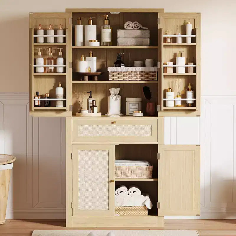 Armadio dispensa da cucina, credenza indipendente con ante in rattan, cassetto, ripiani regolabili per sala da pranzo, soggiorno, ufficio domestico