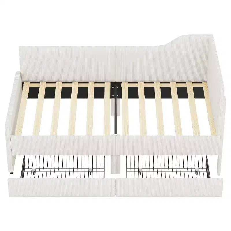 Cama de día tapizada en forma de L tamaño individual con 2 cajones de almacenamiento, sofá cama esquinero moderno de madera con tapicería de pana para dormitorio o habitación de invitados
