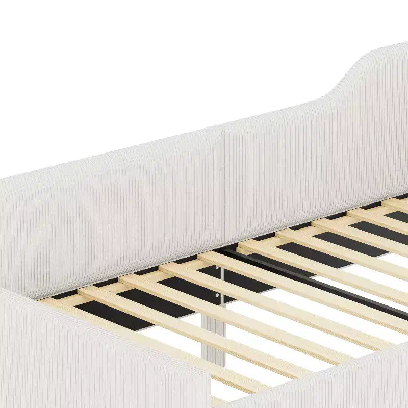 Cama de día tapizada en forma de L tamaño individual con 2 cajones de almacenamiento, sofá cama esquinero moderno de madera con tapicería de pana para dormitorio o habitación de invitados