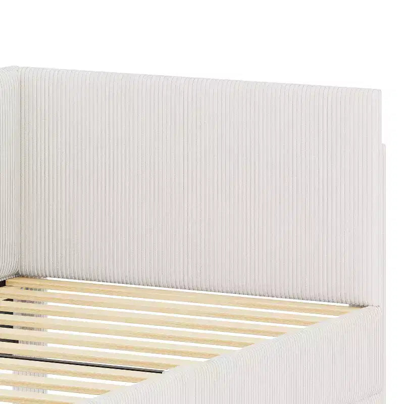 Cama de día tapizada en forma de L tamaño individual con 2 cajones de almacenamiento, sofá cama esquinero moderno de madera con tapicería de pana para dormitorio o habitación de invitados