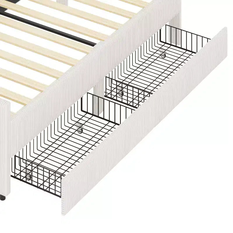 Cama de día tapizada en forma de L tamaño individual con 2 cajones de almacenamiento, sofá cama esquinero moderno de madera con tapicería de pana para dormitorio o habitación de invitados