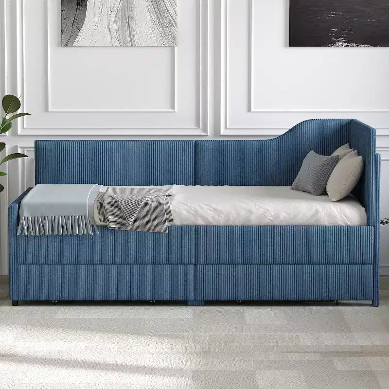 Cama de día tapizada en forma de L tamaño individual con 2 cajones de almacenamiento, sofá cama esquinero moderno de madera con tapicería de pana para dormitorio o habitación de invitados