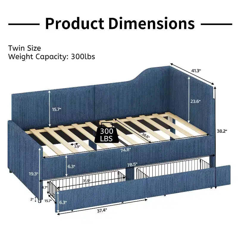 Cama de día tapizada en forma de L tamaño individual con 2 cajones de almacenamiento, sofá cama esquinero moderno de madera con tapicería de pana para dormitorio o habitación de invitados