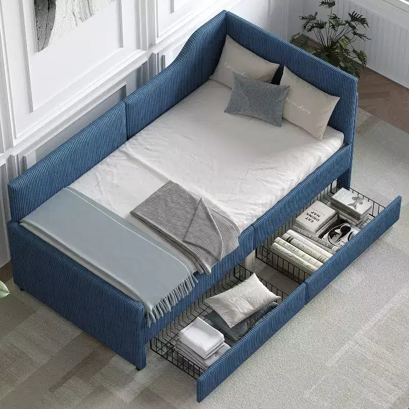 Cama de día tapizada en forma de L tamaño individual con 2 cajones de almacenamiento, sofá cama esquinero moderno de madera con tapicería de pana para dormitorio o habitación de invitados