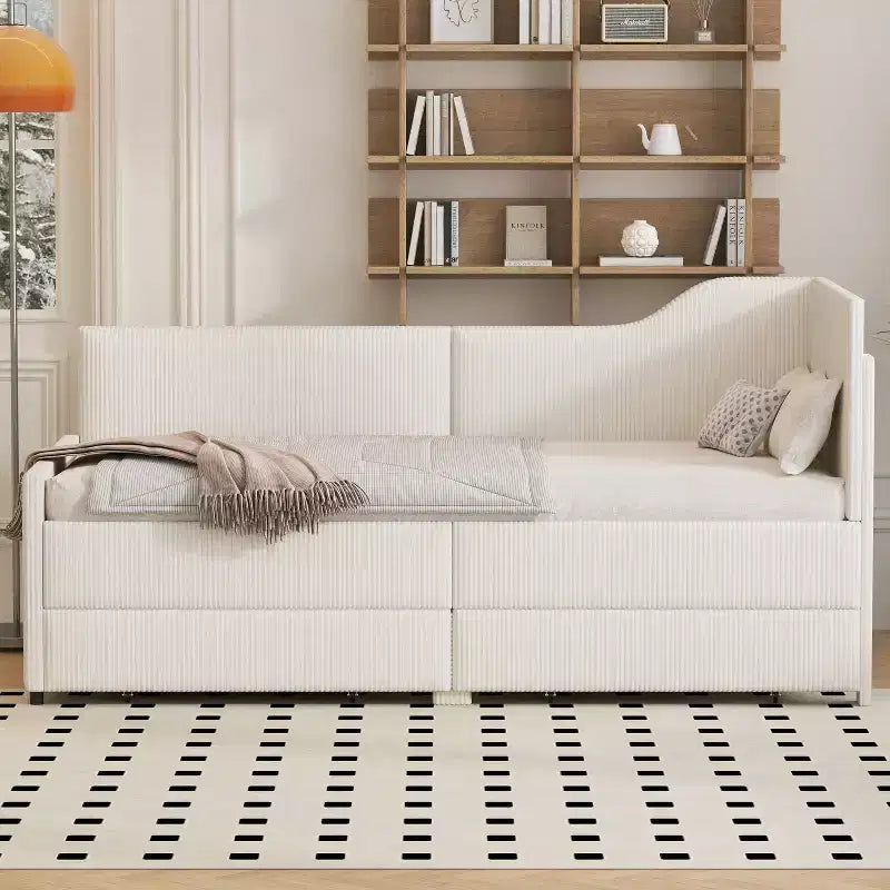Zwillingsgröße L-förmiges gepolstertes Tagesbett mit 2 Aufbewahrungsschubladen, modernes Corduroy-Ecksofabettgestell aus Holz für Schlafzimmer, Gästezimmer