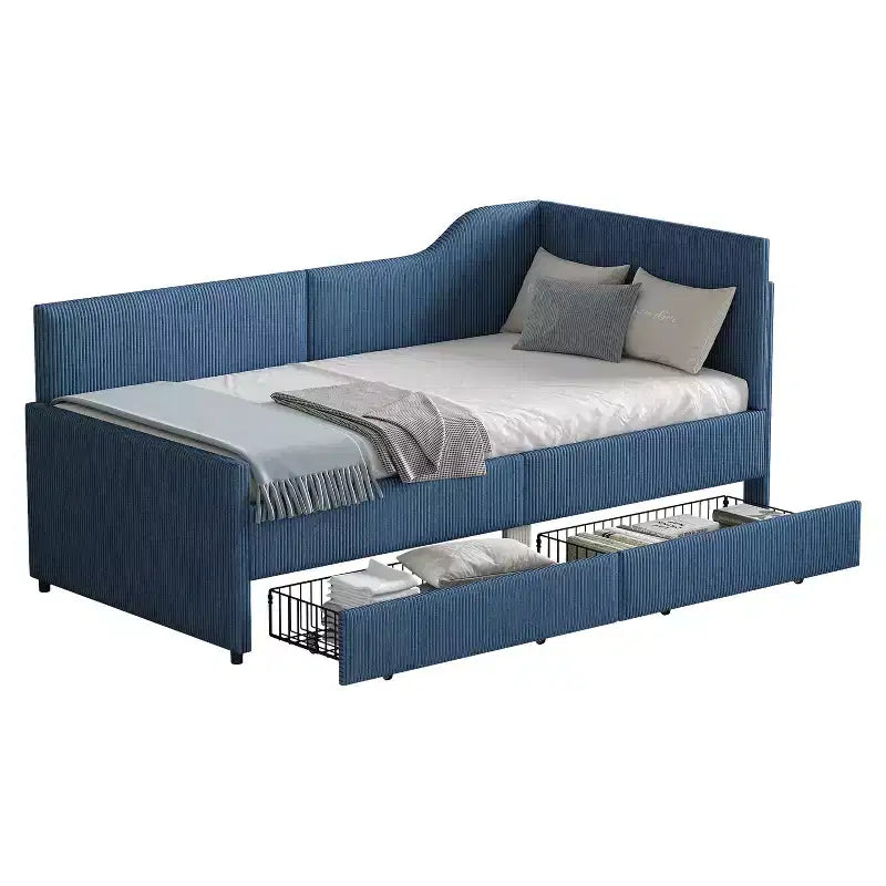 Cama de día tapizada en forma de L tamaño individual con 2 cajones de almacenamiento, sofá cama esquinero moderno de madera con tapicería de pana para dormitorio o habitación de invitados