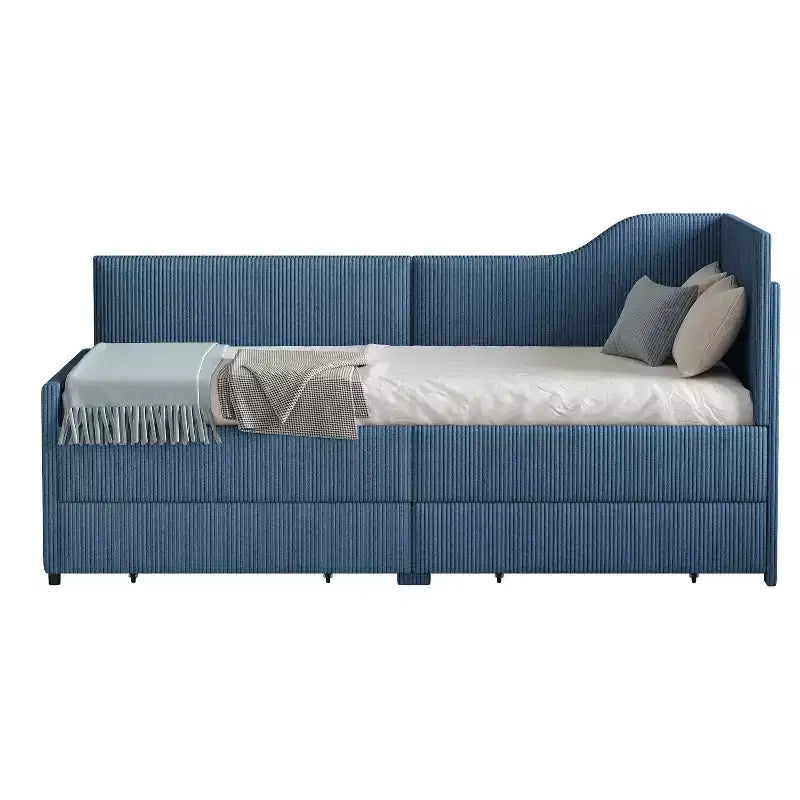 Cama de día tapizada en forma de L tamaño individual con 2 cajones de almacenamiento, sofá cama esquinero moderno de madera con tapicería de pana para dormitorio o habitación de invitados