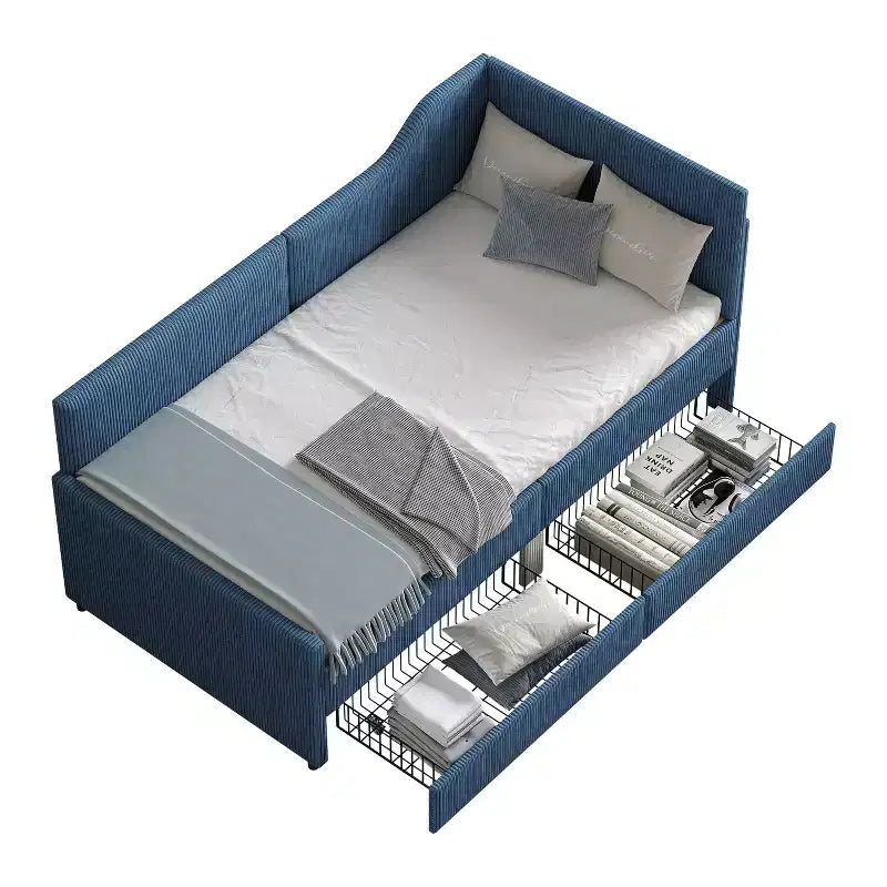 Cama de día tapizada en forma de L tamaño individual con 2 cajones de almacenamiento, sofá cama esquinero moderno de madera con tapicería de pana para dormitorio o habitación de invitados