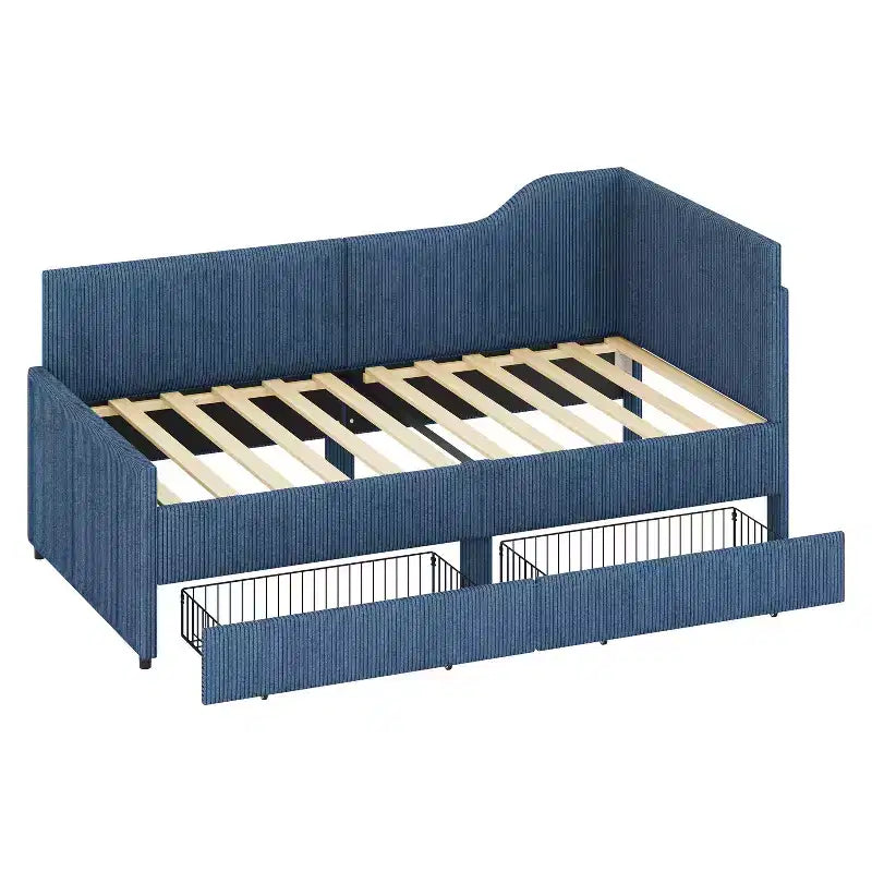 Cama de día tapizada en forma de L tamaño individual con 2 cajones de almacenamiento, sofá cama esquinero moderno de madera con tapicería de pana para dormitorio o habitación de invitados