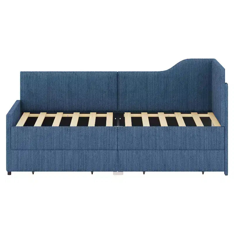 Cama de día tapizada en forma de L tamaño individual con 2 cajones de almacenamiento, sofá cama esquinero moderno de madera con tapicería de pana para dormitorio o habitación de invitados