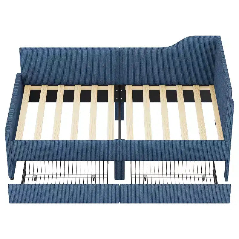 Cama de día tapizada en forma de L tamaño individual con 2 cajones de almacenamiento, sofá cama esquinero moderno de madera con tapicería de pana para dormitorio o habitación de invitados