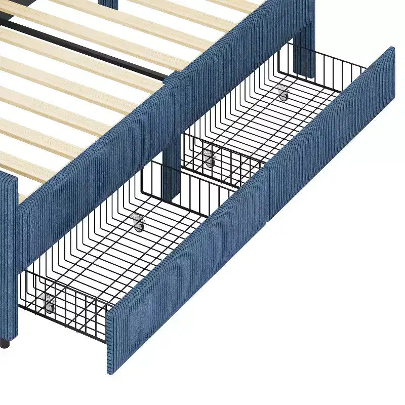 Cama de día tapizada en forma de L tamaño individual con 2 cajones de almacenamiento, sofá cama esquinero moderno de madera con tapicería de pana para dormitorio o habitación de invitados