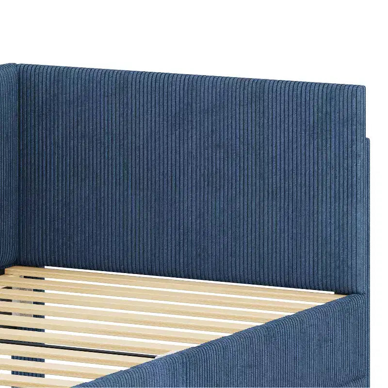 Cama de día tapizada en forma de L tamaño individual con 2 cajones de almacenamiento, sofá cama esquinero moderno de madera con tapicería de pana para dormitorio o habitación de invitados