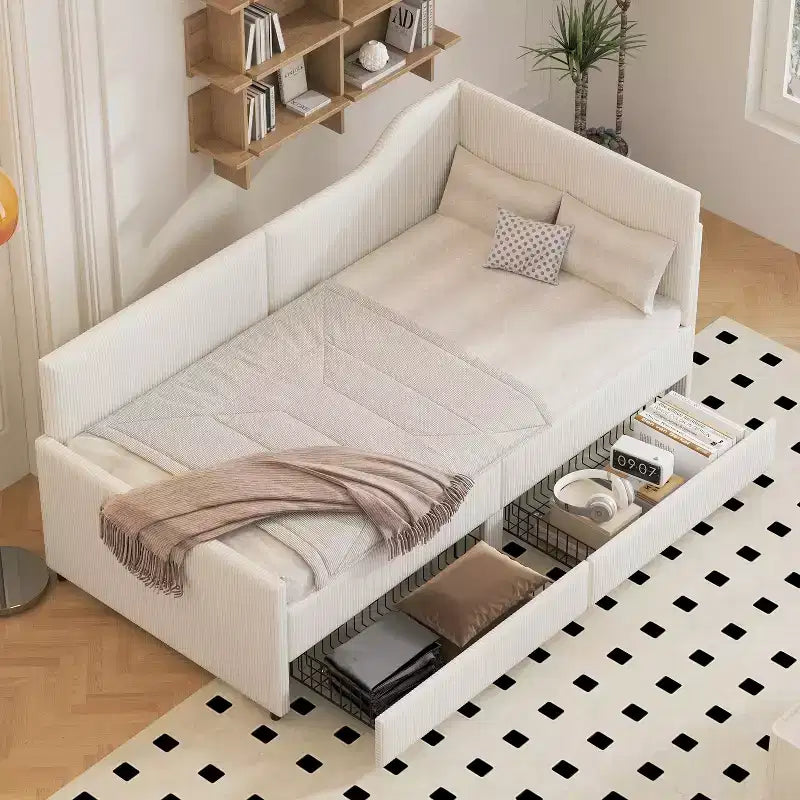 Zwillingsgröße L-förmiges gepolstertes Tagesbett mit 2 Aufbewahrungsschubladen, modernes Corduroy-Ecksofabettgestell aus Holz für Schlafzimmer, Gästezimmer