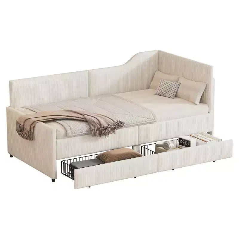 Cama de día tapizada en forma de L tamaño individual con 2 cajones de almacenamiento, sofá cama esquinero moderno de madera con tapicería de pana para dormitorio o habitación de invitados