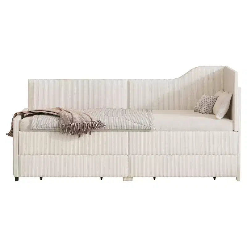 Cama de día tapizada en forma de L tamaño individual con 2 cajones de almacenamiento, sofá cama esquinero moderno de madera con tapicería de pana para dormitorio o habitación de invitados