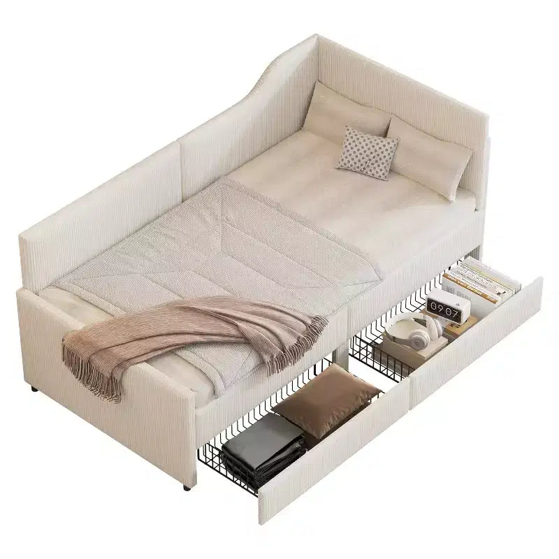 Cama de día tapizada en forma de L tamaño individual con 2 cajones de almacenamiento, sofá cama esquinero moderno de madera con tapicería de pana para dormitorio o habitación de invitados