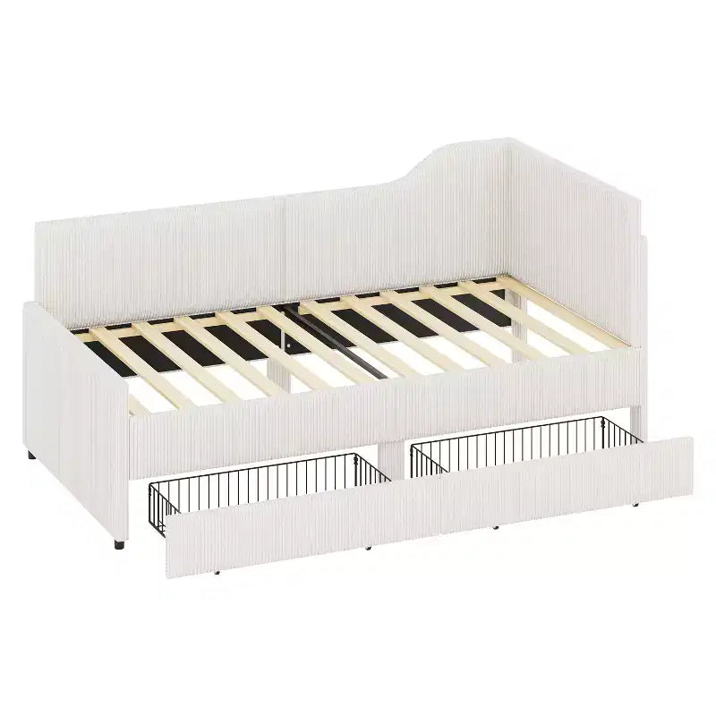Cama de día tapizada en forma de L tamaño individual con 2 cajones de almacenamiento, sofá cama esquinero moderno de madera con tapicería de pana para dormitorio o habitación de invitados