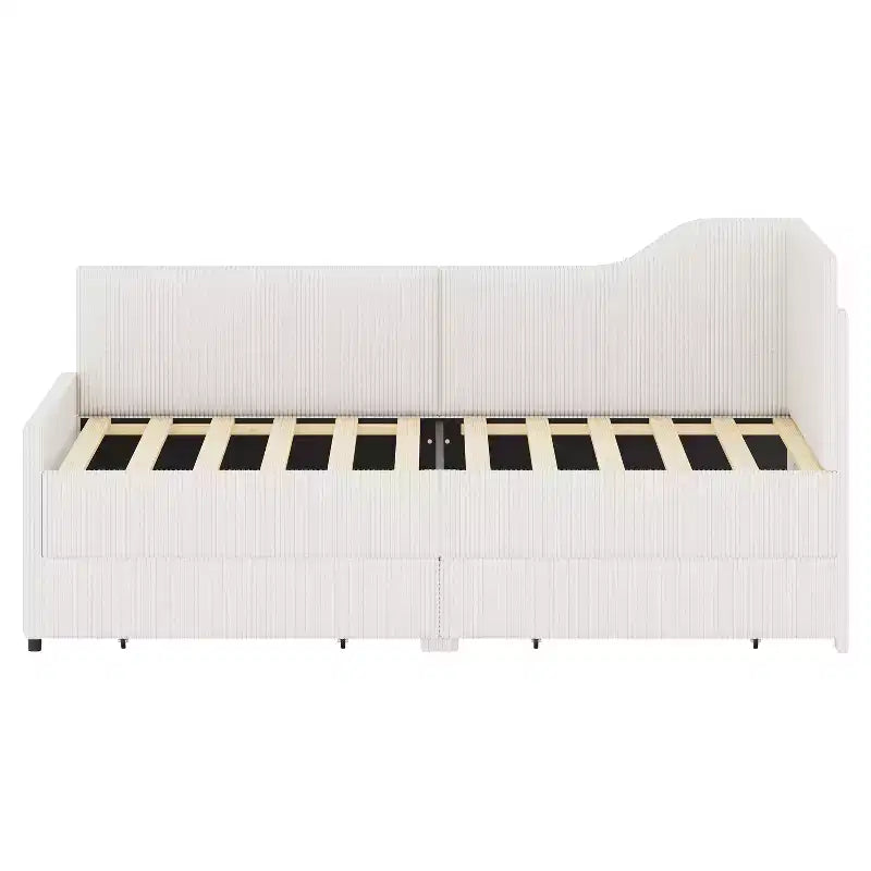Cama de día tapizada en forma de L tamaño individual con 2 cajones de almacenamiento, sofá cama esquinero moderno de madera con tapicería de pana para dormitorio o habitación de invitados