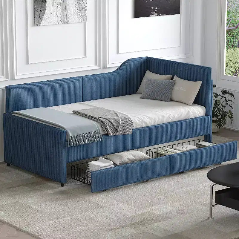 Zwillingsgröße L-förmiges gepolstertes Tagesbett mit 2 Aufbewahrungsschubladen, modernes Corduroy-Ecksofabettgestell aus Holz für Schlafzimmer, Gästezimmer
