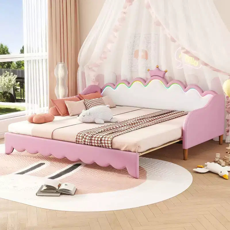 Modernes gepolstertes Prinzessinnen-Tagesbett mit Kronen-Kopfteil, ausziehbares Tagesbett-Sofa von Zwillings- bis Kingsize