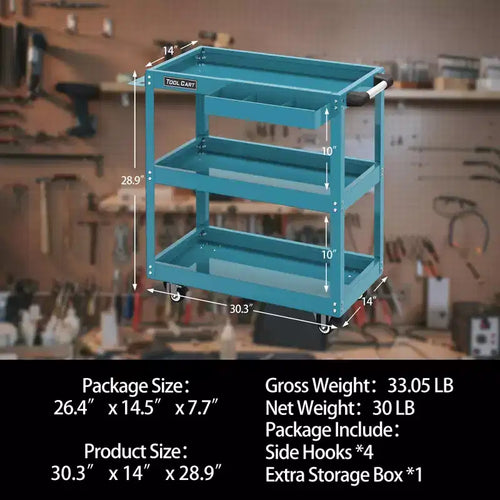 Carro de herramientas metálico de 3 niveles con ruedas, azul, capacidad de 330 lbs con cajón con cerradura para taller o garaje