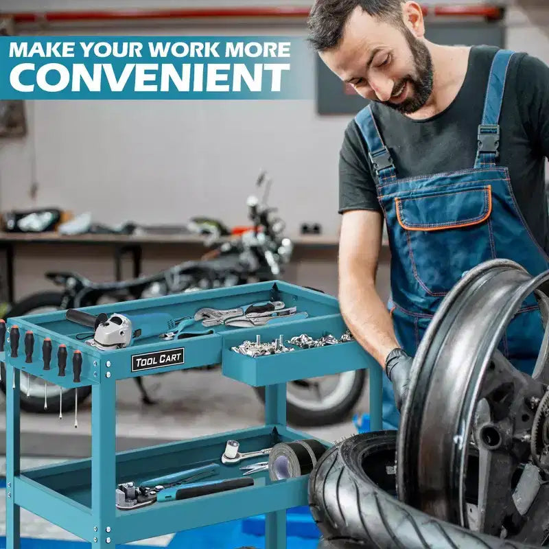 3-laags metalen rollende gereedschapswagen, blauw, draagvermogen 150 kg met afsluitbare lade en wielen voor garagewerkplaats