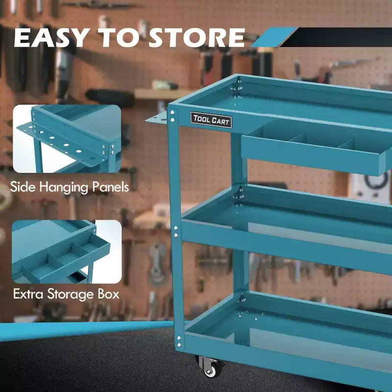 3-laags metalen rollende gereedschapswagen, blauw, draagvermogen 150 kg met afsluitbare lade en wielen voor garagewerkplaats