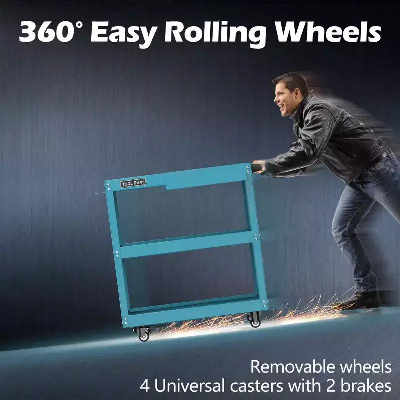 3-laags metalen rollende gereedschapswagen, blauw, draagvermogen 150 kg met afsluitbare lade en wielen voor garagewerkplaats