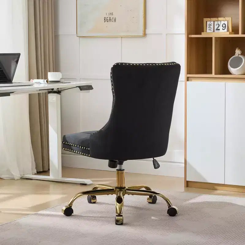 Moderne draaibare bureaustoel voor thuis met gestoffeerde rug, zachte fluweelbekleding, chroom metalen onderstel, in hoogte verstelbaar van 19,7" tot 22,4"
