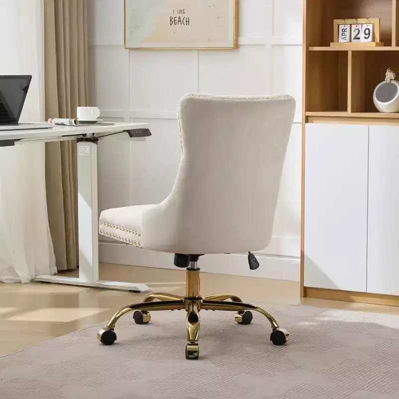 Moderne draaibare bureaustoel voor thuis met gestoffeerde rug, zachte fluweelbekleding, chroom metalen onderstel, in hoogte verstelbaar van 19,7" tot 22,4"