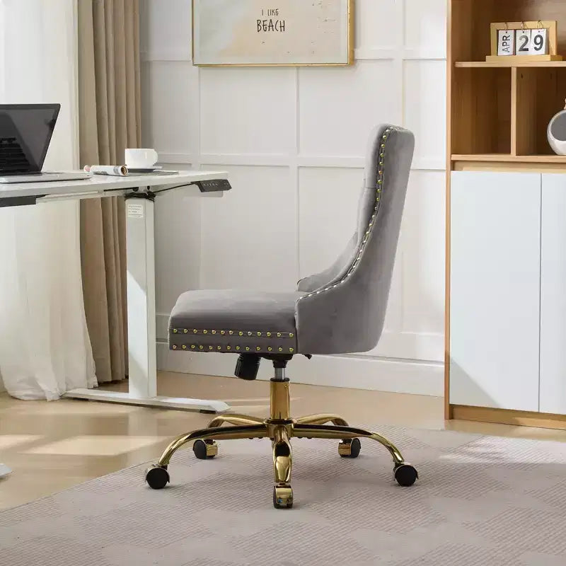 Moderne draaibare bureaustoel voor thuis met gestoffeerde rug, zachte fluweelbekleding, chroom metalen onderstel, in hoogte verstelbaar van 19,7" tot 22,4"
